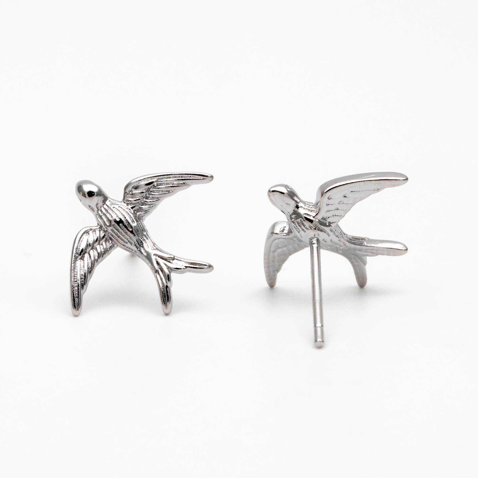 10pcs Gold/ Silver Swallow Earrings 12x15mm, Gold/ Rhodium Plated Brass Bird Stud Earrings (GB-4044)